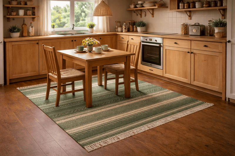 Puuvill/PVC vaip köögis, triibuline rohelistes toonides