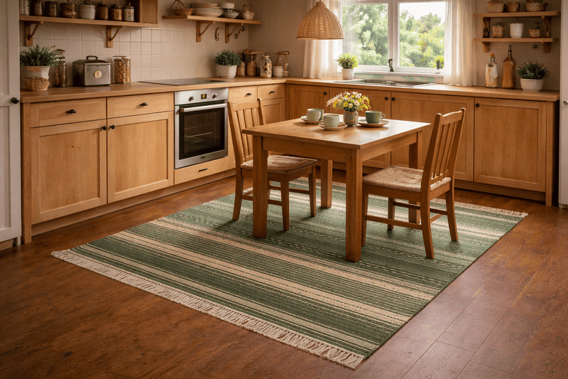 Puuvill/PVC vaip köögis, triibuline rohelistes toonides